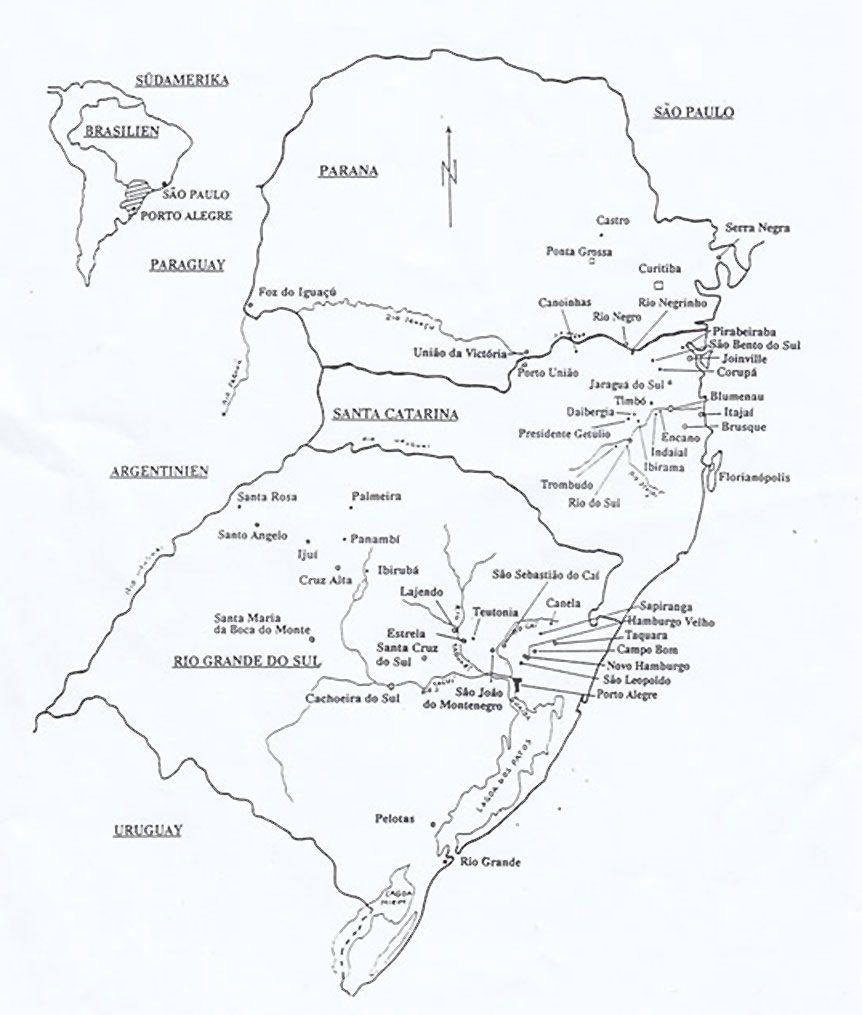 Region Südbrasilien. Orte mit Turnvereinen | Grafik: Dr. Lothar Wieser