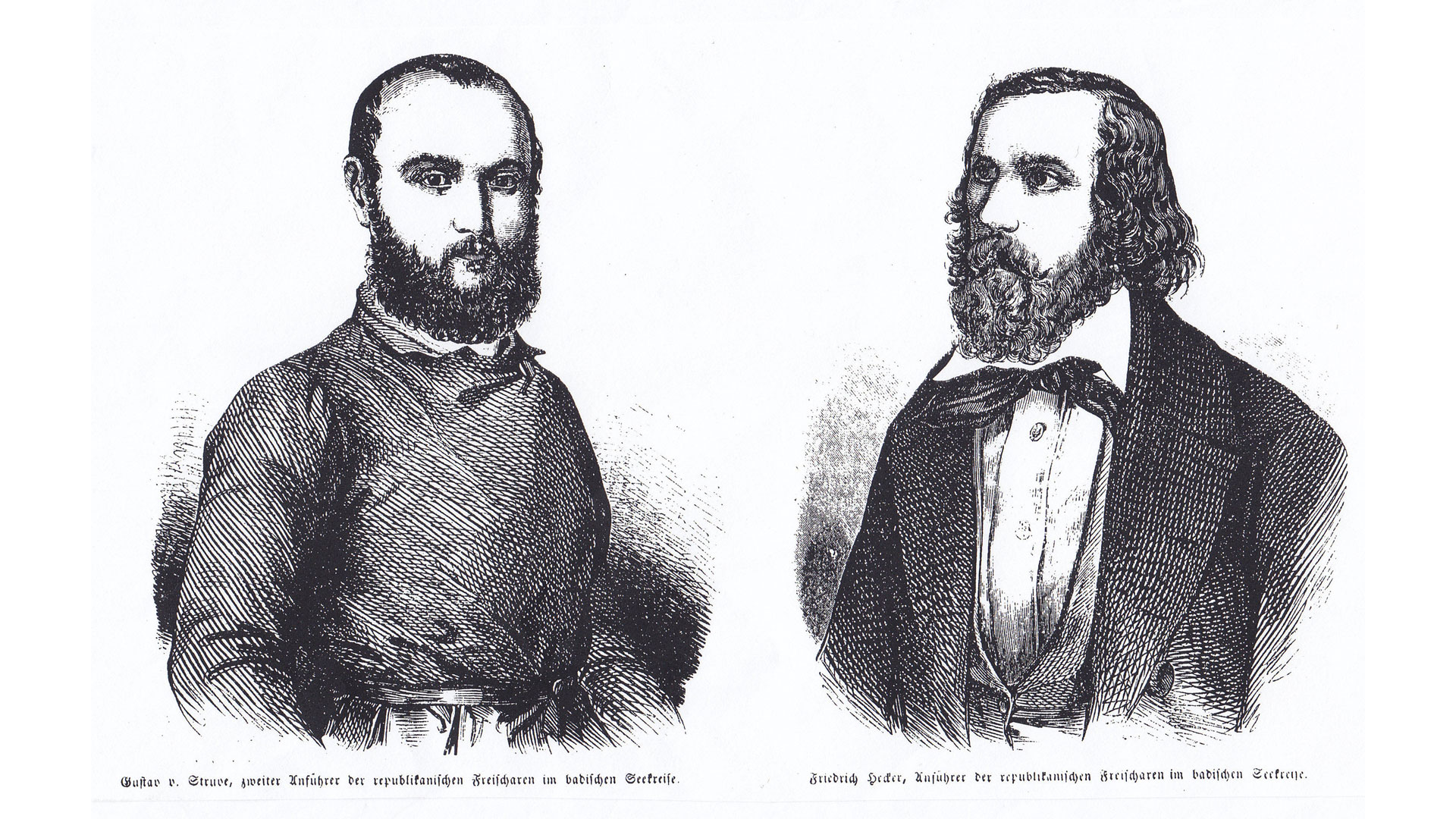 Gustav Struve und Friedrich Hecker, die beiden Freischarenführer 1848. | Quelle: Illustrirte. Zeitung, Bd. X, 1848, 298.