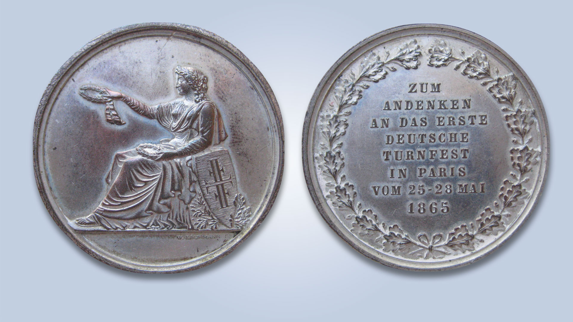 Medaille zum 1. Deutschen Turnfest in Paris 1865. Ausführung in Silber von W. Kaufmann. | Foto: Privatbesitz